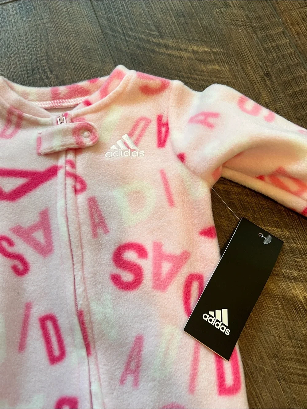 adidas Pink Fleece Footed One-Piece with Logo Print